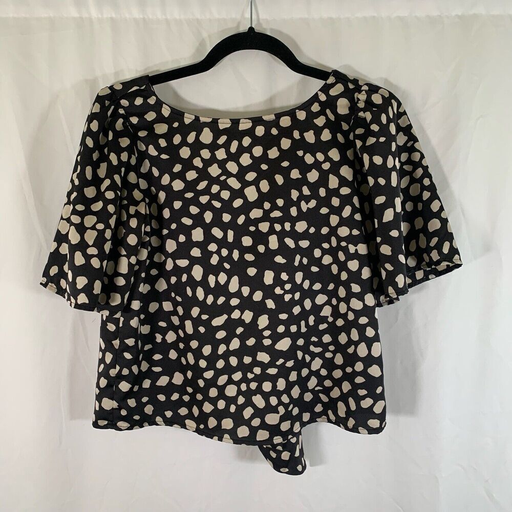 Loft Blouse Women's XS Black Spotted Short Sleeve Tie Back Pullover
